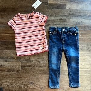 7 FOR ALL MANKIND | pink/wine striped ribbed S/S knit top & skinny jeans